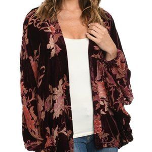 Velvet Kimono SMALL NWT Large Jacket Cardigan Floral Shrug burgundy